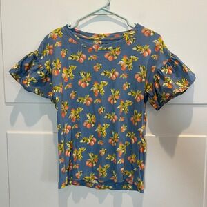 LOFT Women's small Peach Print Ruffle Sleeve T-Shirt‎  Blue Petite Top Fruit